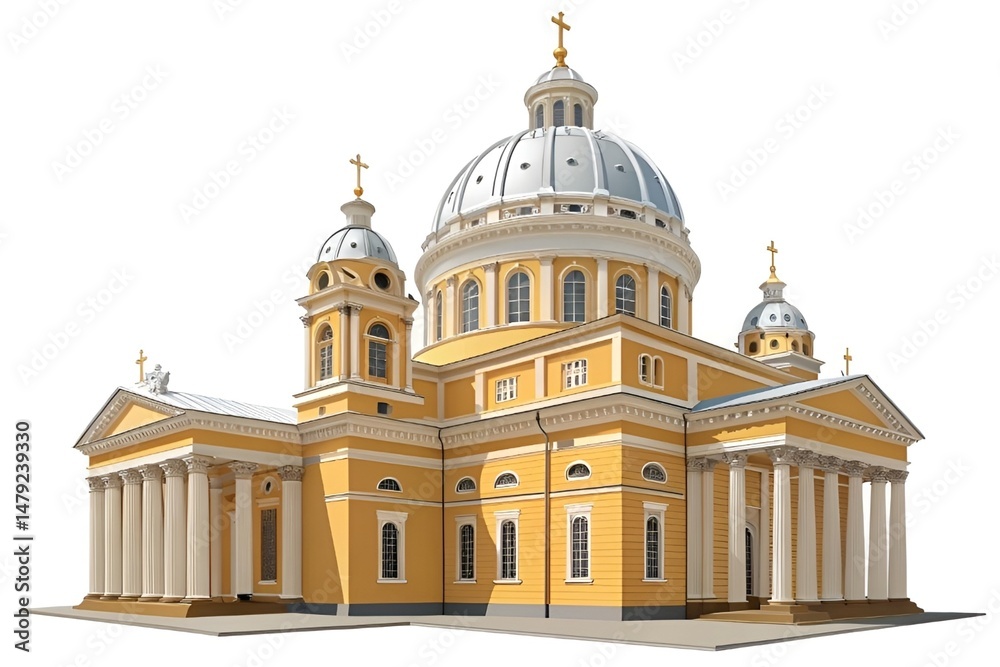 Fototapeta premium Stylized Yellow Cathedral with Silver Dome and Ornate Details on White Background