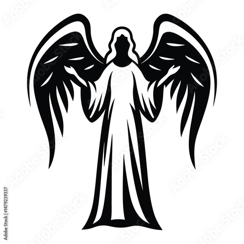 Stylized Black and White Angel Figure with outstretched arms and feathery wings