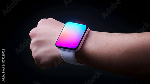 Person Wearing a Smartwatch with a Colorful Gradient Screen
