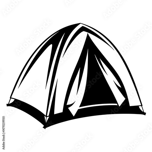 Black and white silhouette of a classic camping tent outdoors shelter