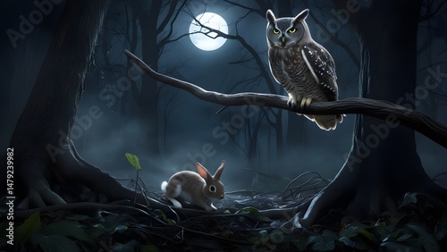 owl and rabbit in dark forest background
