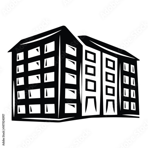 Abstract black and white building silhouette with repetitive window patterns displayed prominently