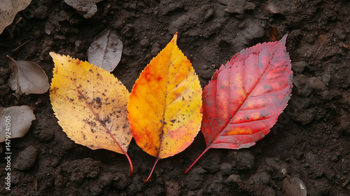 Autumn leaves transition on dark soil
