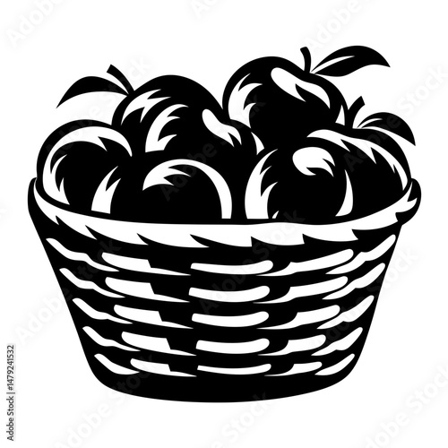 Stylized monochrome illustration of a basket overflowing with delicious ripe apples