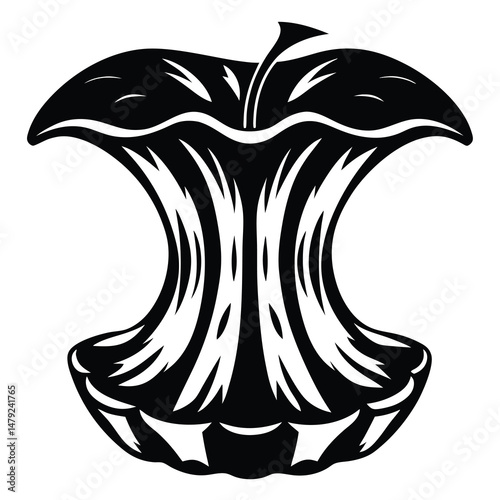 Minimalist Black and White Apple Core Illustration Representing Consumption and Waste