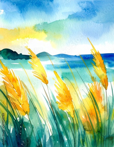 A serene watercolor painting depicting lush green grass gently swaying in the breeze, seamlessly blending into the tranquil blue ocean waves under a clear sky.