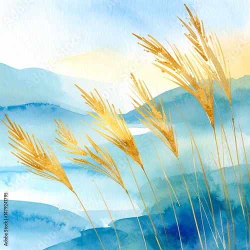 A vibrant watercolor painting showcasing lush green grass swaying gently in the breeze, set against majestic mountains under a clear blue sky.