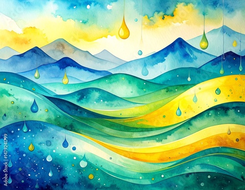 A serene watercolor painting showcasing majestic mountains under a soft, wispy cloud-filled sky, blending vibrant blues and gentle earth tones.