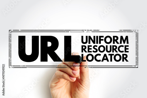 URL - Uniform Resource Locator is a unique identifier used to locate a resource on the Internet, acronym text concept stamp