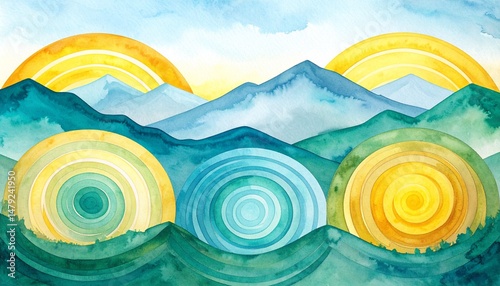 A serene watercolor painting depicting majestic mountains under a vibrant sun, with soft hues blending in the sky and gentle reflections on the landscape.