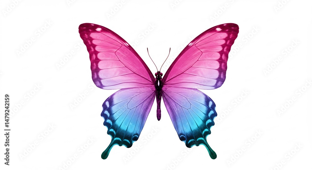 Obraz premium Pink butterfly wings gently unfurl showcasing vibrant gradient colors against a bright white background.. AI Generated