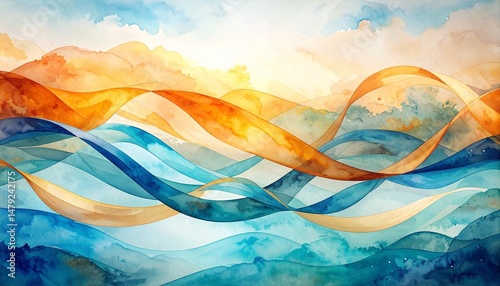 A serene watercolor painting showcasing majestic mountains in soft pastels, with gentle waves lapping at a tranquil shoreline under a vibrant sky.