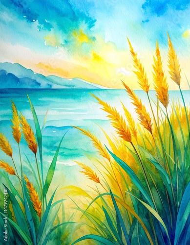 A vibrant watercolor painting depicting a serene seascape, with gentle waves lapping against sandy shores, framed by lush green grass swaying in the breeze.
