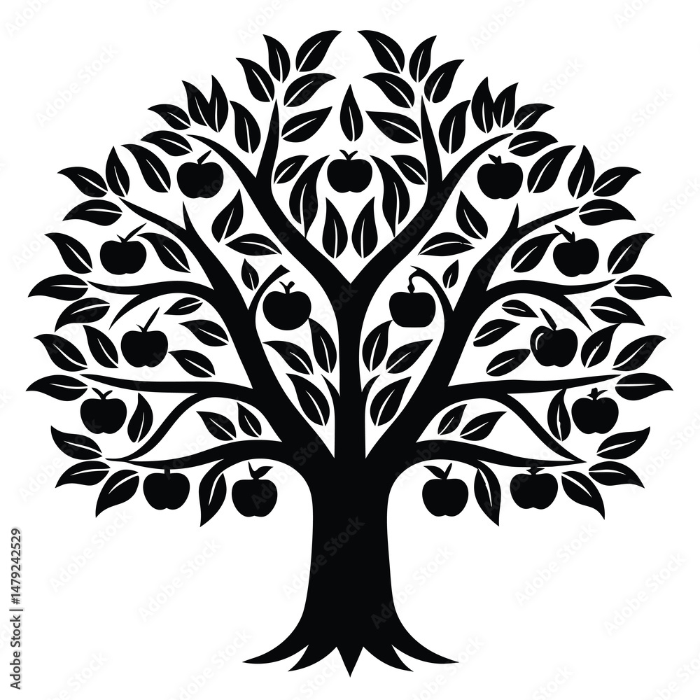 Obraz premium Stylized black and white apple tree with leaves and fruit design