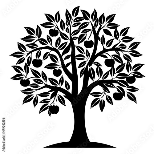 Symmetrical apple tree illustration with ripe fruit, foliage and sturdy trunk