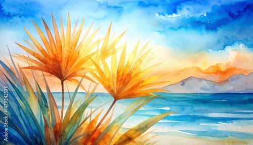 A vibrant watercolor painting showcasing lush tropical plants swaying gently on a sun-kissed beach, with soft waves lapping at the shore.