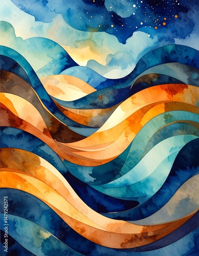 A vibrant watercolor painting depicting gentle ocean waves under a starlit sky, with swirling blues and purples blending harmoniously, creating a serene atmosphere.