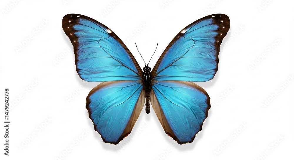 Fototapeta premium Vibrant blue morpho butterfly wings gracefully spread against bright white background. AI Generated