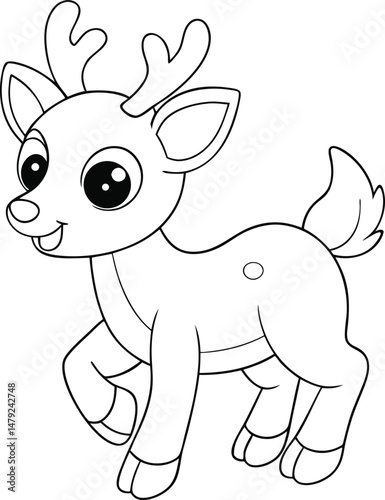 Happy Reindeer Calf Prancing Line Art Vector