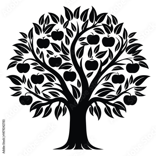 Elegant black and white apple tree with fruit and leaf details