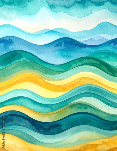 A serene watercolor background featuring gentle, flowing waves in soft blues and greens, creating a calming and tranquil oceanic atmosphere.
