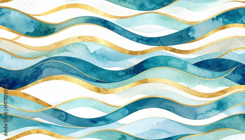 A vibrant watercolor seamless pattern featuring flowing waves in various shades of blue and turquoise, blending harmoniously with soft white highlights.