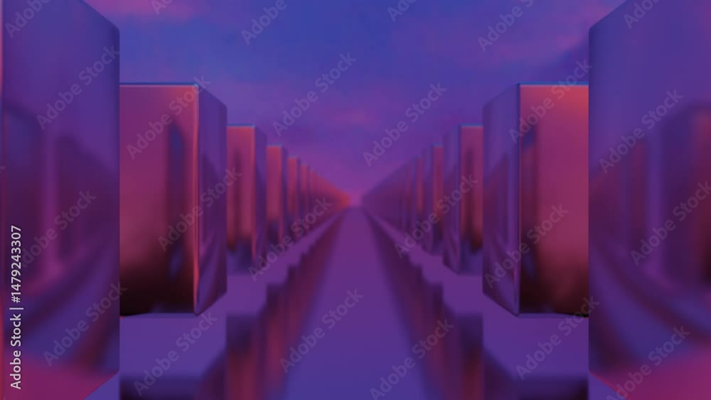 endless forward movement inside a tunnel of rows of glossy rotating cubes against the backdrop of a sunset sky. 3d render looped animation