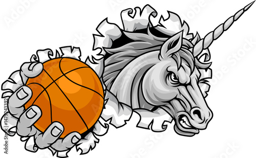 Unicorn horse stallion basketball angry sports team mascot holding a ball.