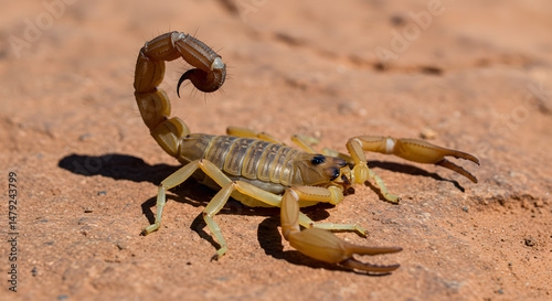 A yellow-brown scorpion with a bumpy tail is chilling on a rough, reddish-brown desert surface