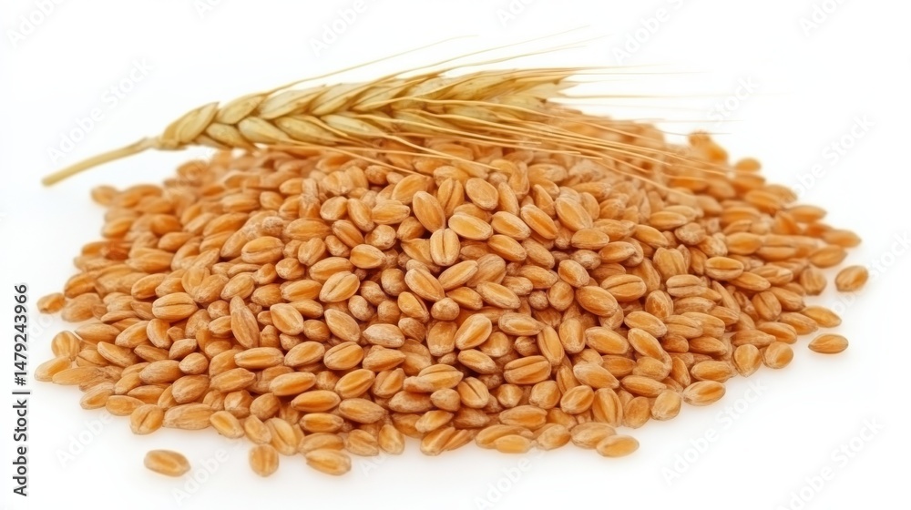 Golden Wheat Grain Pile with Wheat Ears on White Background Golden Wheat Grain Pile with Wheat Ears on White Background