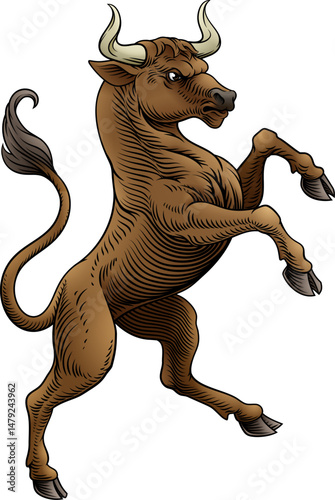 A bull in a heraldry coat of arms crest heraldic style rearing, standing rampant on its hind legs.