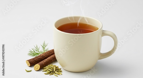 Warm herbal tea steams gently beside licorice root and fennel seeds.. AI Generated