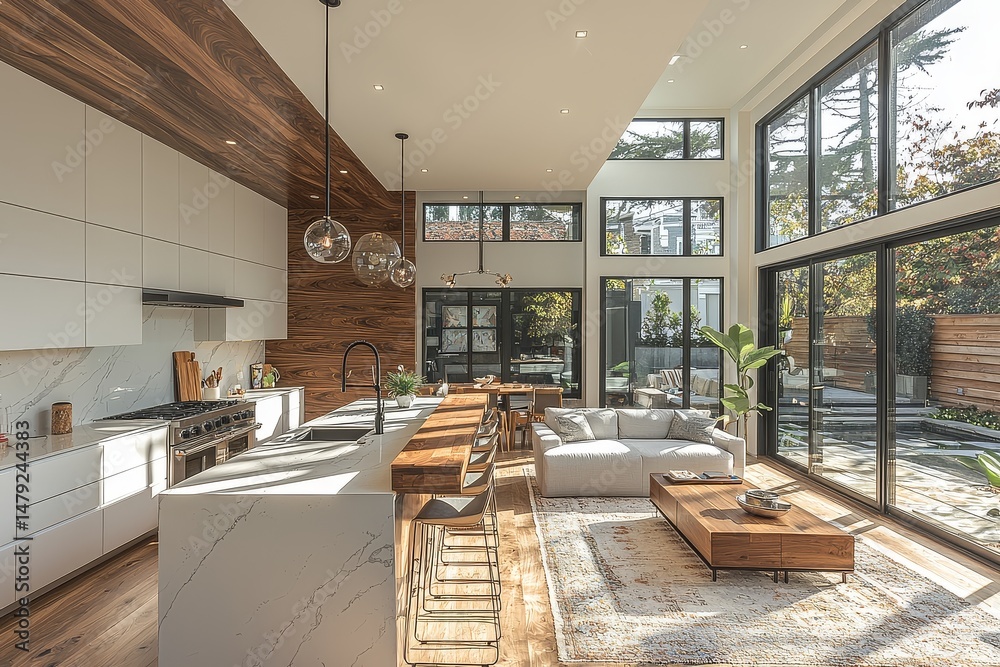 Obraz premium Modern open-concept kitchen with white cabinets, walnut island, and barstools in a San Francisco home.