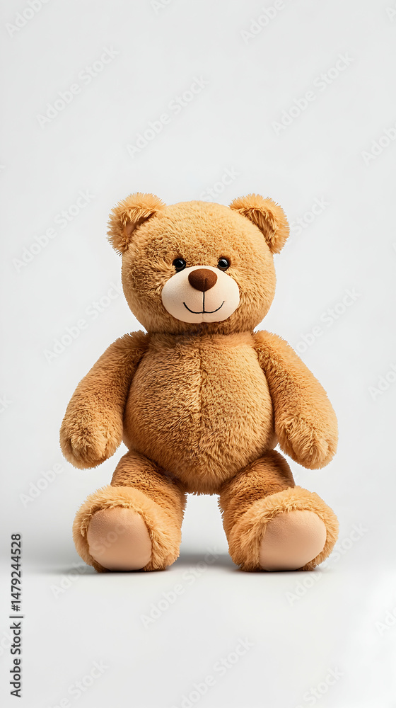 Fototapeta premium Light Brown Fluffy Teddy Bear Sitting on White Background