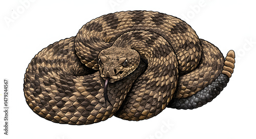 A badass digital pic of a coiled rattlesnake with a rough, bumpy brown and black diamond-patterned skin