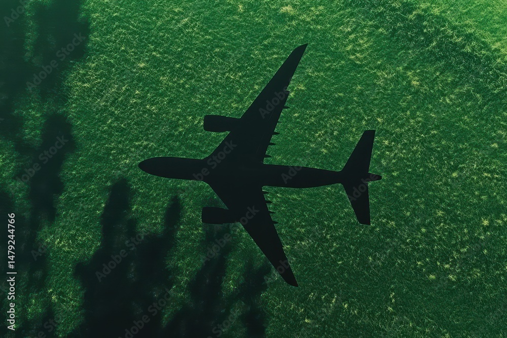 Fototapeta premium Airplane shadow on lush green landscape