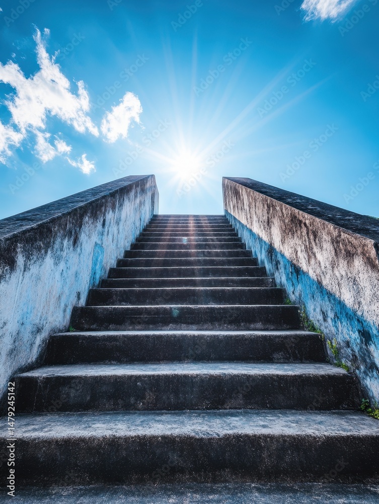 Obraz premium Stairway leading up to bright sun against blue sky low angle shot in outdoor setting for success concept