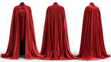 3d realistic vector red cape front and side view and back, isolated on white background.