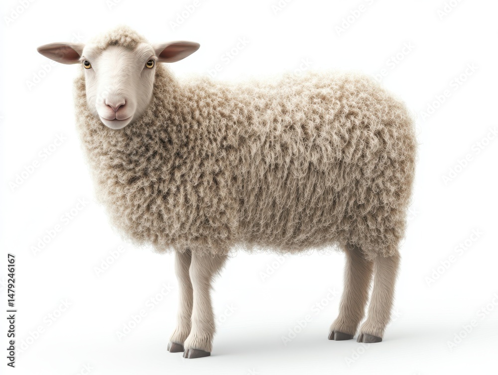 Fototapeta premium Fluffy sheep standing isolated on white background
