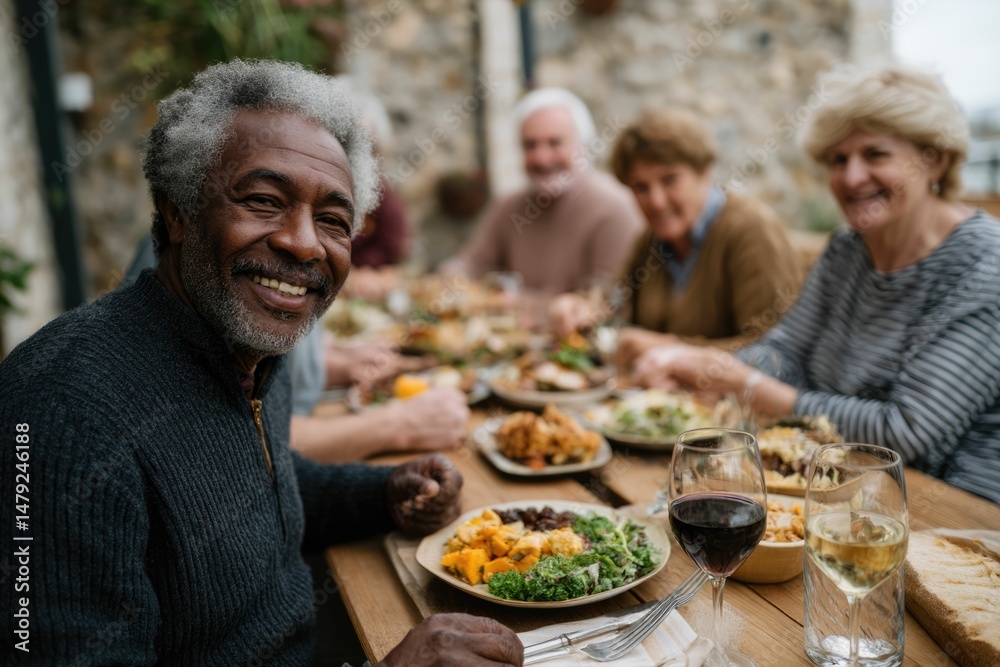 Smiling Senior at Joyful Outdoor Feast: Warm, Rustic Gathering Smiling Senior at Joyful Outdoor Feast: Warm, Rustic Gathering