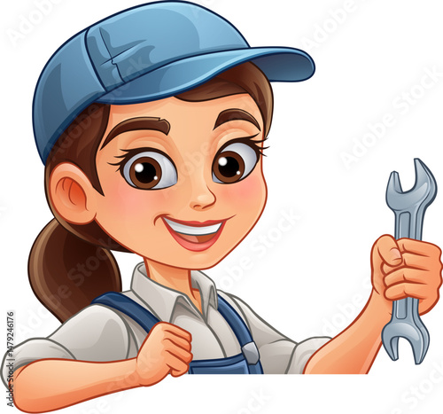 A woman female mechanic, plumber technician or engineer cartoon character mascot holding a wrench or spanner.