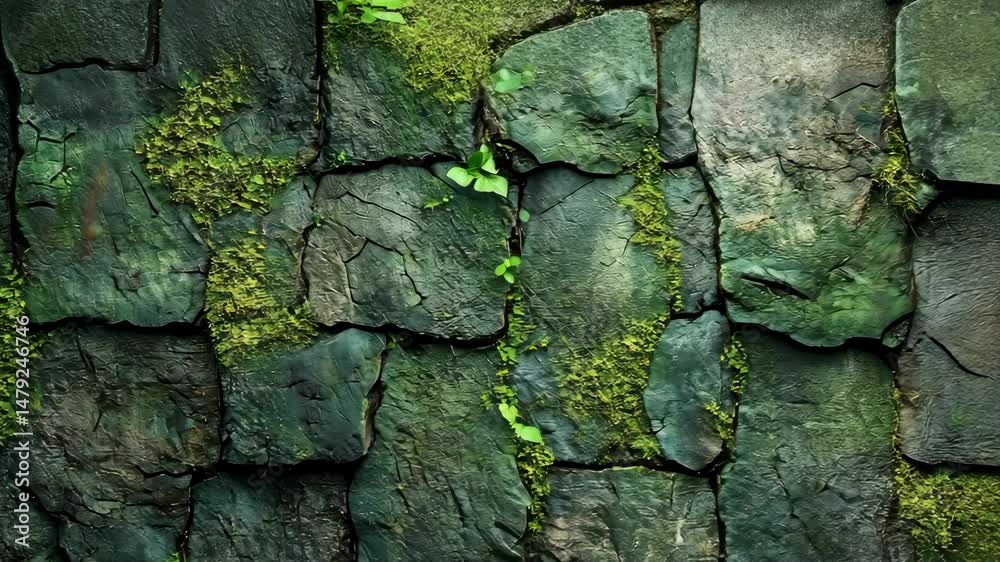 Moss-covered dark stone wall texture Moss-covered dark stone wall texture