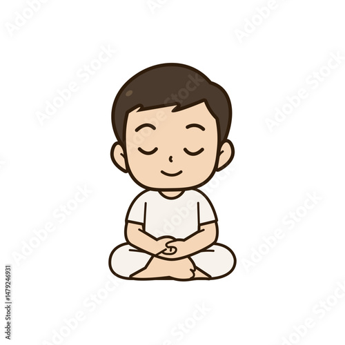 cute boy meditating in white clothes cartoon character