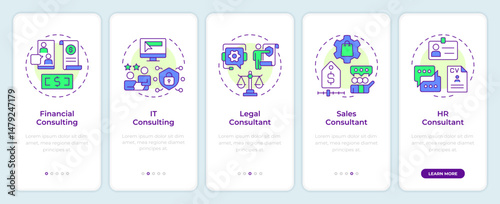 Consulting services types onboarding mobile app screen. Walkthrough 5 steps editable graphic instructions with linear concepts. UI, UX, GUI. Montserrat SemiBold, Regular fonts used