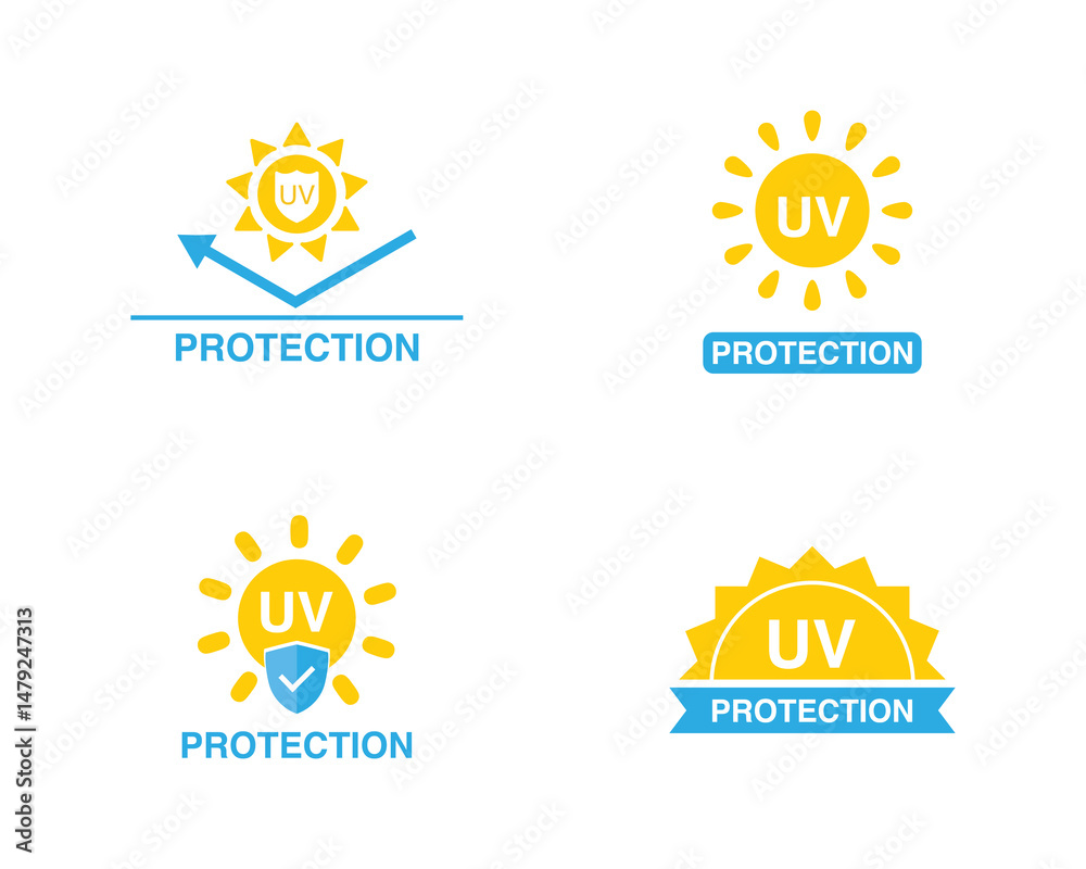 Fototapeta premium UV protection icon set. Sun light ultraviolet logo. Uv rays protect icon. UV radiation icon. Spf cream, sunscreen spf, skincare sign icon. Sun uv protection icons. 