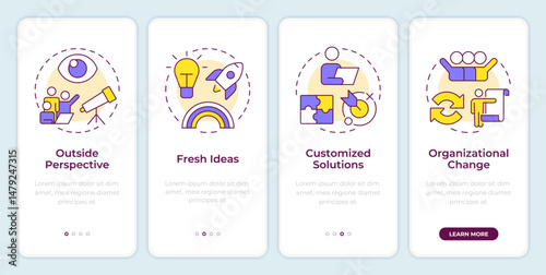 Business consulting benefits onboarding mobile app screen. Walkthrough 4 steps editable graphic instructions with linear concepts. UI, UX, GUI. Montserrat SemiBold, Regular fonts used