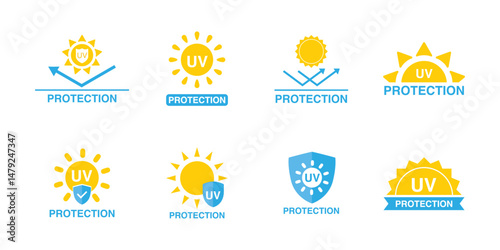 UV protection icon set. Sun light ultraviolet logo. Uv rays protect icon. UV radiation icon. Spf cream, sunscreen spf, skincare sign icon. Sun uv protection icons. c