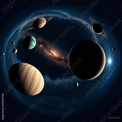 Space scene with planets, stars and galaxies. Panorama.