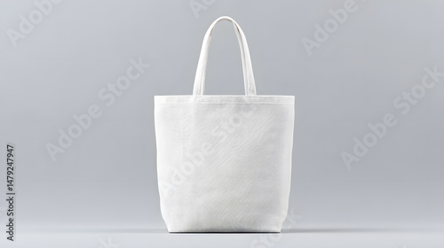 Minimalist white tote bag centered on a soft grey background, clean and stylish product presentation ideal for branding, mockups, or eco-friendly fashion concepts.

