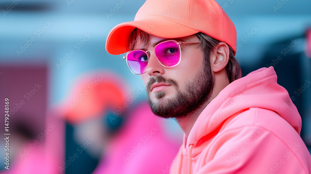 Fototapeta premium Portrait of a Young Man in Pink Hoodie and Sunglasses